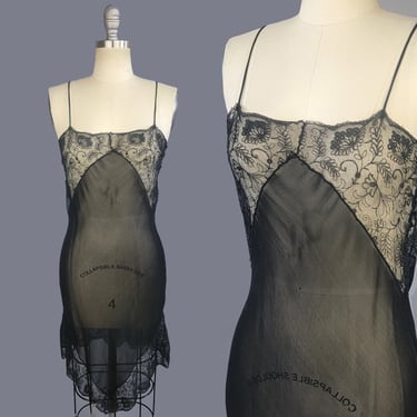 1930s Slip / Black Silk and Lace Slip Dress / Embroidered Lace /  1930s Slip Dress / Vintage Lingerie / Size Small Medium 