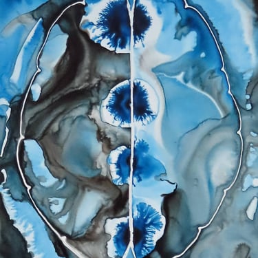 Down Deep Blues Brain  -  original ink painting on yupo - neuroscience art 