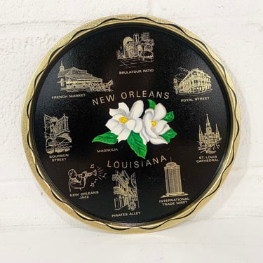 Vintage Metal New Orleans Louisiana Drink Tray Plate Souvenir Retro Round Mid-Century Barware Black White Magnolia Bar 1970s 