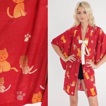 Cat Kimono Y2K Red Robe Jacket Tie Front Kitty Paw Print Boho Mini Japanese House Coat Short Kawaii Cute Kitten Vintage 00s Extra Small xs 