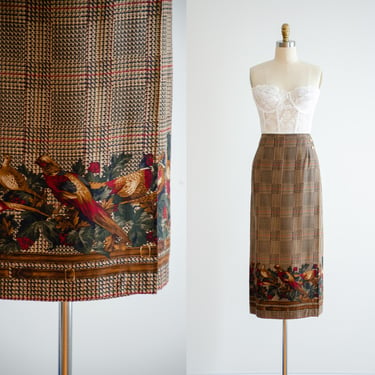 brown wrap skirt 90s vintage pheasant bird pattern tan plaid maxi skirt 