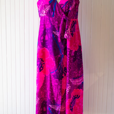 Vintage 1960s Deep Pink Hawaiian Maxi Wrap Dress M/L