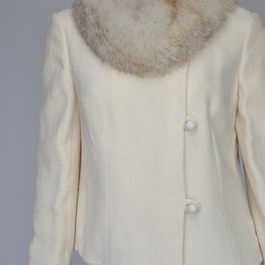 vintage 1960s winter white skirt suit with fox collar XS 