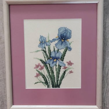 Vintage framed Floral needlepoint  Blue Irises Wall Hanging 