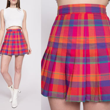 90s Pink Plaid Pleated Mini Skirt - XS to Small, 25.5