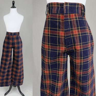 70s Plaid Pants - 27 waist - Corduroy Cuffed Wide Leg Trousers - Navy Red Tan - High Rise Waisted - Vintage 1970s - 32" inseam 