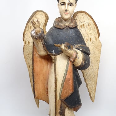 Antique 1800's  Santos Saint Vincent Ferrer with Wings,  Bible, Vintage Hand Carved Bulto, Angel Statue, Religious Church Folk Art 