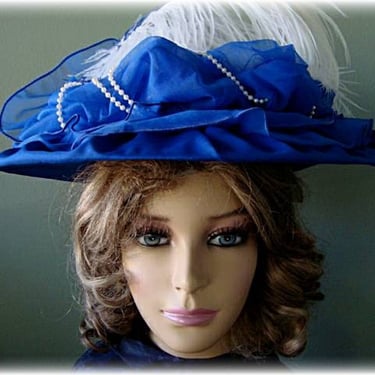 Victorian Style Large Brim Royal Blue & White Kentucky Derby Hat with Feathers 