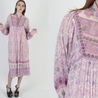 1970s Starina India Dress, Pastel Floral Block Print, Thin Airy Gauze Cotton, Quilted Bib Mini Midi Dress Medium M 