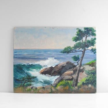 Vintage Original Oil Painting of a Rocky Ocean Shore and Trees, Northern California Coast Painting 