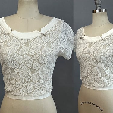 1960s Lace Top / 60s Bejeweled Lace Top with Sash Tie / Size Small 
