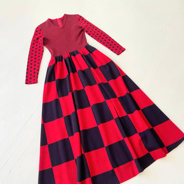 1960s Rudi Gernreich Red + Navy Check Wool Knit Maxi Dress 