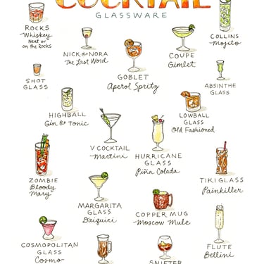 Types of Cocktail Glassware Watercolor Art Print