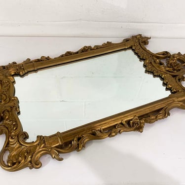 Vintage Syroco Plastic Mirror Ornate Gold Square Frame Mid-Century Romanesque Baroque Victorian Flowers Hollywood Regency Rococo 1960s 1966 
