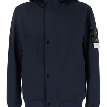 Stone Island Blue Jacket With Hood With Buttons And Logo Patch On The Sleeve In Tech Fabric Stretch Man