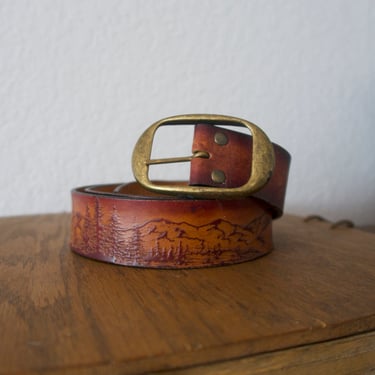 Vintage Eagle Tooled Leather Brass Buckle Belt By Leegin 
