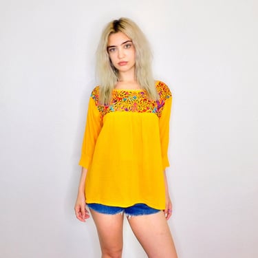 Hand Embroidered Oaxacan Gauze Blouse // vintage cotton boho hippie Mexican embroidered dress hippy yellow // S/M 