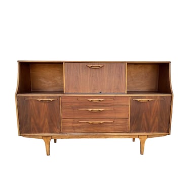 MidCentury Modern Highboard Credenza Project by Jentique - Vintage MCM Wood Cocktail Sideboard or Bar Cabinet with Display Shelves & Drawers 
