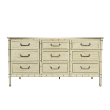 Faux Bamboo Dresser with 9 Drawers - Vintage Creamy White Henry Link Style Hollywood Regency Palm Beach Coastal Bedroom Furniture 