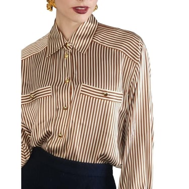 90s Escada Striped Shirt Silk Blouse Brown Cream 