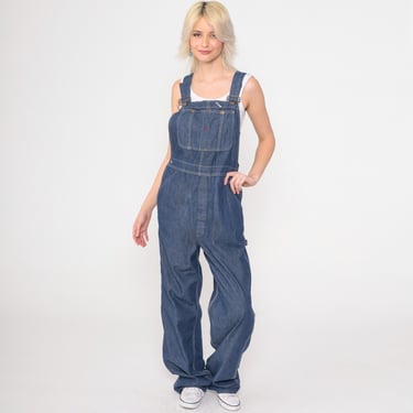 Vintage 70s Overalls Pants Dark Wash Bib Overalls Pants Jean Dungarees Wide Leg Baggy Coveralls Long 1970s Blue Carpenter Small S 