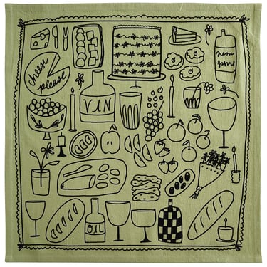 screen printed tea towel. picnic on sage green. flour sack cotton kitchen towel. ecofriendly. boho home. gift / hostess /  mom. fruit. 