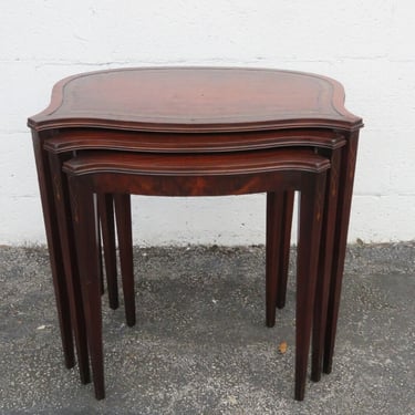 1940s Inlay Leather Top Mahogany Nesting Side End Tables Set of Three  3822