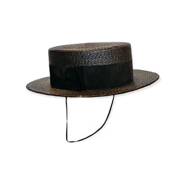 Antique B. Altman Black Lacquered Straw Boater Hat 