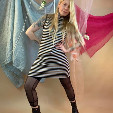 90’s striped lurex mini dress, vintage Bloomingdale’s sweater dress, turtle neck mini dress 