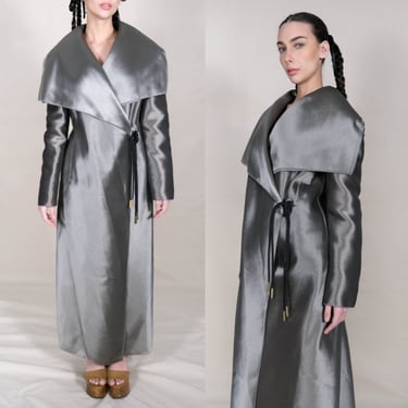 GIORGIO ARMANI Runway Collection Shimmering Silver Structured Wrap Opera Coat w/ Brass & Suede Belt | Made in Italy | Y2K Designer Jacket 