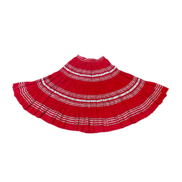 Vintage 1950s Southwestern Patio Skirt, Red Cotton Crepe Circle Skirt with Silver Metallic Trim, Rockabilly Style, Small 28