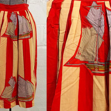 Vintage Sailboat Skirt Pleated Fit & Flare Cotton Red Wide Stripe Tan Sail Boat 1990s 1980s Small 