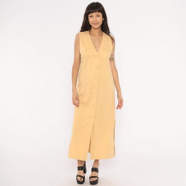 90s Button Front Maxi Dress Tan Sleeveless V | Shop Exile - Tucson, AZ |  ATTIC