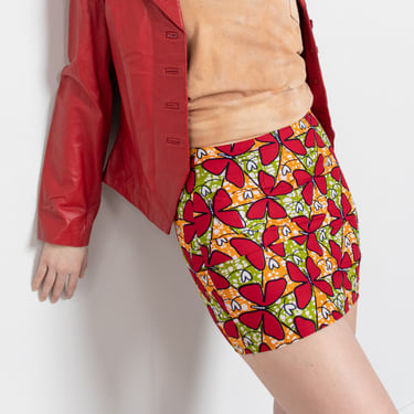 COTTON BUTTERFLY MINI Skirt Vintage High Waist Green Red Yellow Pencil Butterflies / Medium / 38.5