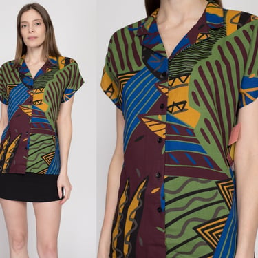 Large 80s Tropical Leaf Print Collared Shirt NWT | Vintage Sasson Deadstock Button Up Rayon Top 