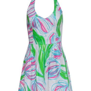 Lilly Pulitzer - White Halter Fit & Flare Dress w/ Floral Pink, Green & Teal Print Sz 0