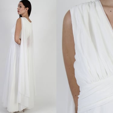 All White Glamorous Grecian Goddess Dress / Vintage 70s Disco Pleated Roman Maxi Dress / Bridal Cocktail Party Maxi With Train Cape 