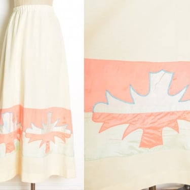 vintage 70s skirt cream applique satin high waisted long maxi hippie boho S M clothing 