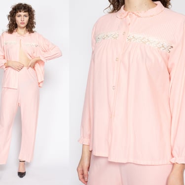 Med-Lrg 70s Pink Felt Pajama Set | Vintage Two Piece Peter Pan Collar Loungewear Outfit 