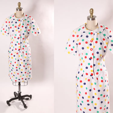 Late 1960s Early 1970s White and Multi-Colored Rainbow Polka Dot Short Sleeve Drop Waist Dress -M 