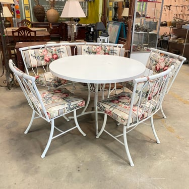 White Table and Chair Set with Floral Upholstery