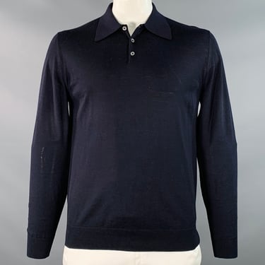 PRADA Size L Black Virgin Wool Jersey Long Sleeve Polo