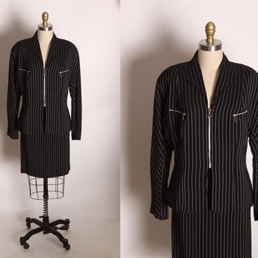 1990s Black and White Striped Zip Up Heart Zipper Long Sleeve Blazer Jacket with Matching Skirt Womens Suit by Dina Bar-el -L 