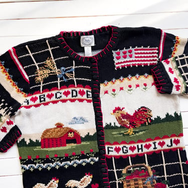 cottagecore sweater 90s vintage Stitches in Time black chicken rooster farm embroidered cardigan 