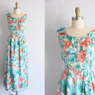 1960s The Flower Fields dress/ vintage 60s floral gown/ silk full length cocktail dress 