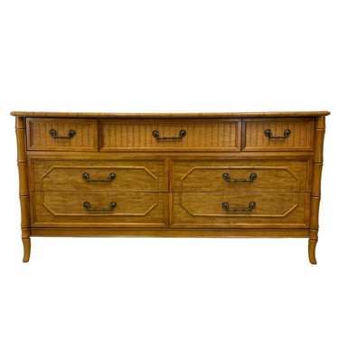 Faux Bamboo Dresser with 7 Drawers by Broyhill - Vintage Brown Wooden Hollywood Regency Palm Beach Coastal Bedroom Furniture 