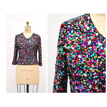 90s 2000s Y2K Vintage Metallic Sequin Shirt Top Rainbow Colors Pink green blue Stars Pop art// Vintage Metallic Sequin top Size Petite Large 