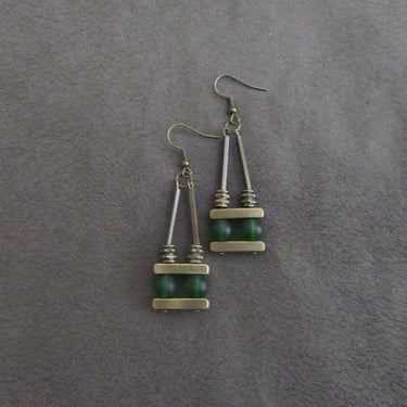 Mid century modern earrings, industrial earrings, green frosted glass earrings 