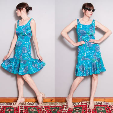 Vintage 1950's/1960's | Blue | Floral | Cotton | Mid Century | Mermaid Skirt | Dress | S 