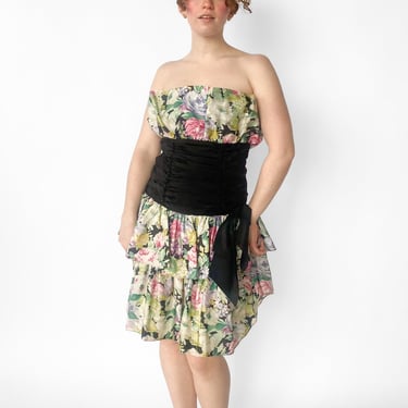 1980s Floral Ruffled Party Dress, sz. XS